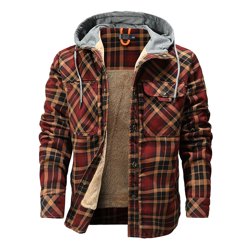 Men Warm Jacket Fleece Lining Lumberjack Plaid Hooded Jackets Snap Button