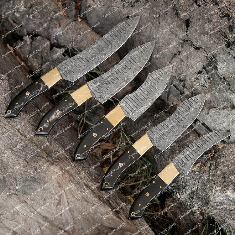 Custom Hand Forged Damascus Chef Knife Set Brass Bolster Bull Horn Handle