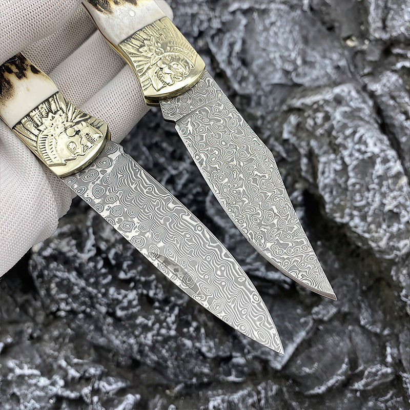 Antler Pocket Outdoor Damascus Folding Knife