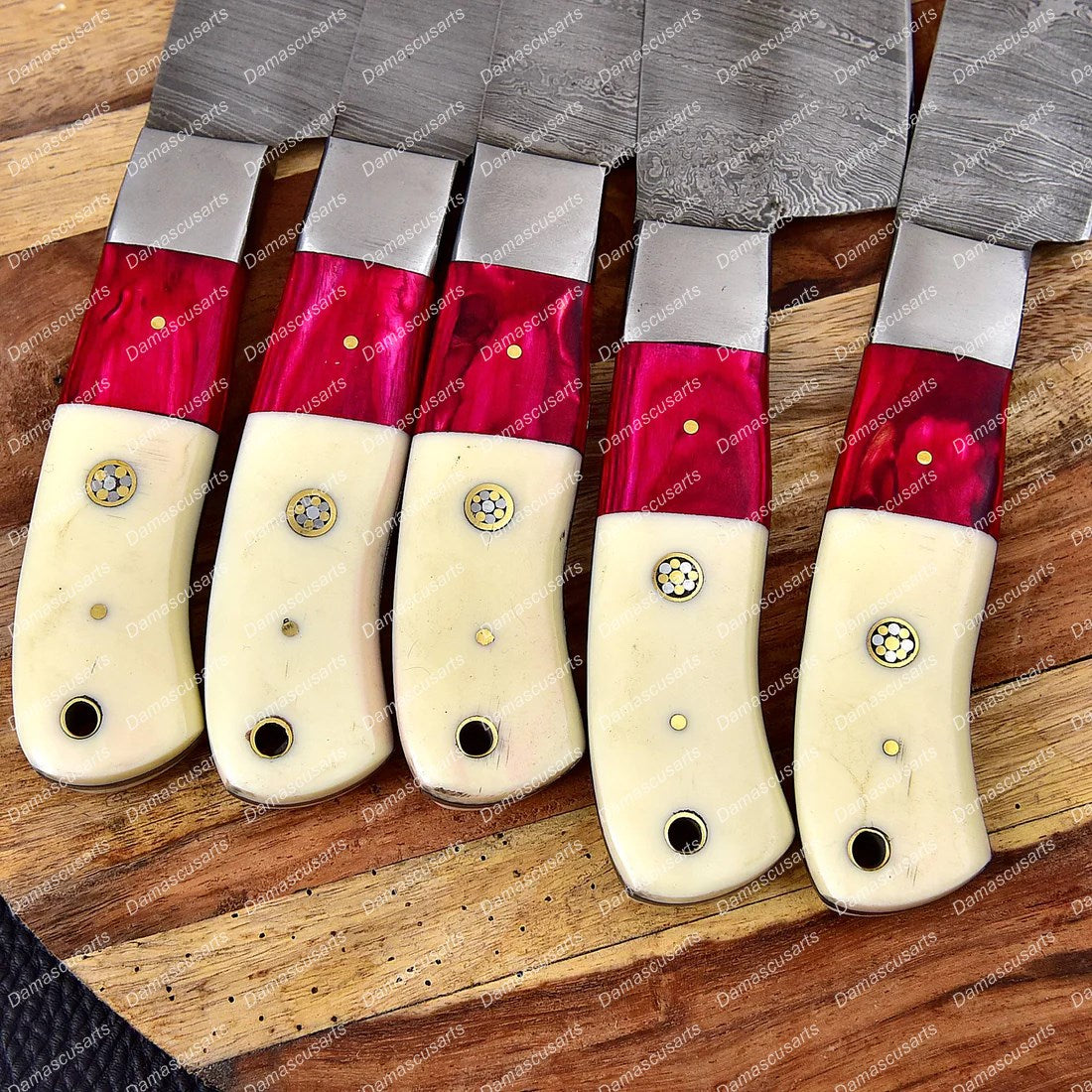 Custom Hand Made Forged Damascus Chef Knife Set Steel Bolster With Bone & Stained Wood Handle