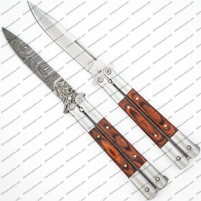 PERSONALIZED CUSTOM HANDMADE PERSONALIZED CUSTOM HANDMADE HEAVY DUTY FOLDING BUTTERFLY KNIVES STAINLESS STEEL WITH LEATHER SHEATH, BUTTERFLY