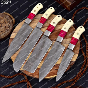 Custom Hand Made Forged Damascus Chef Knife Set Steel Bolster With Bone & Stained Wood Handle