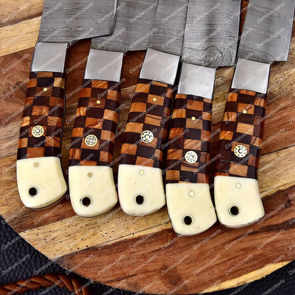 Custom Hand Made Forged Damascus Chef Knife Set Steel Bolster With Bone & Dark wood Handle