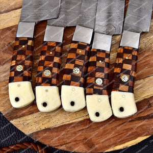 Custom Hand Made Forged Damascus Chef Knife Set Steel Bolster With Bone & Dark wood Handle