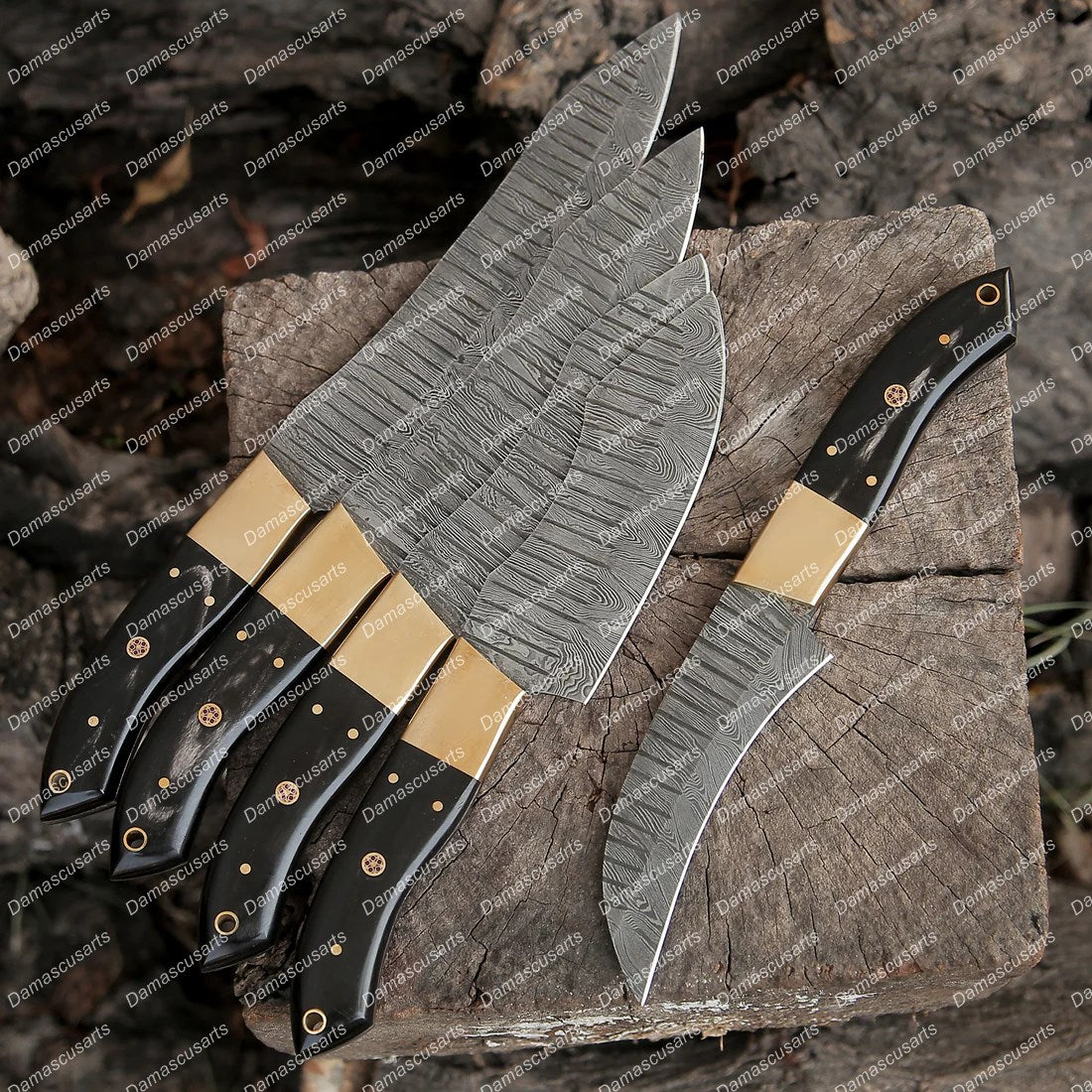 Custom Hand Forged Damascus Chef Knife Set Brass Bolster Bull Horn Handle