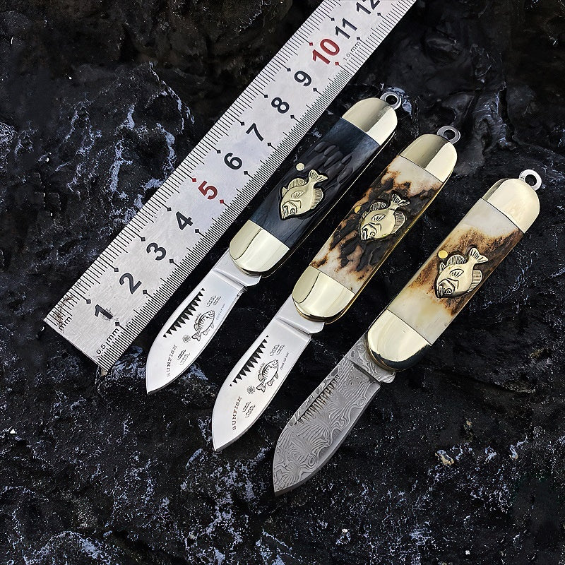 Small Cuttle Fish Mini Antlers Pocket Knife Damascus Steel Folding Knife