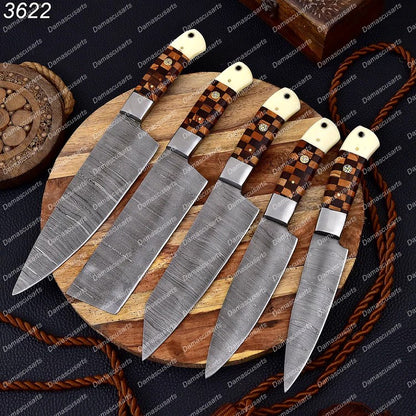 Custom Hand Made Forged Damascus Chef Knife Set Steel Bolster With Bone & Dark wood Handle