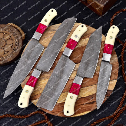 Custom Hand Made Forged Damascus Chef Knife Set Steel Bolster With Bone & Stained Wood Handle