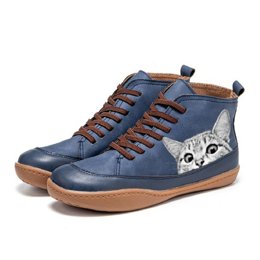 Printed Cat Comfortable Plus Size Flat Boots