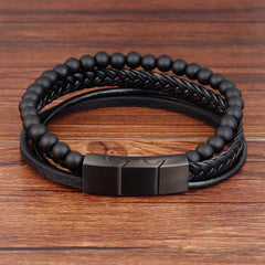 Double Layer Leather Rope Bracelet Men's Stainless Steel Genuine Leather Leather Bracelet Handmade Leather Bracelet Buckle Bracelet Jewelry