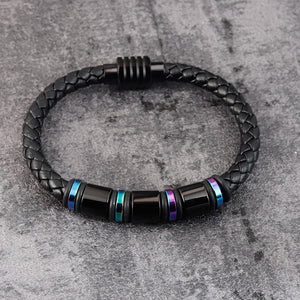 Mens Leather Titanium Steel Simple Bracelet