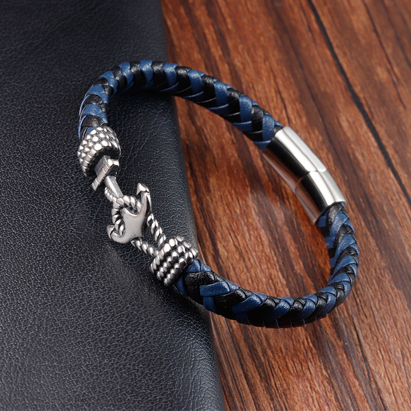 Mens Titanium Steel Bracelet Leather Braided Anchor