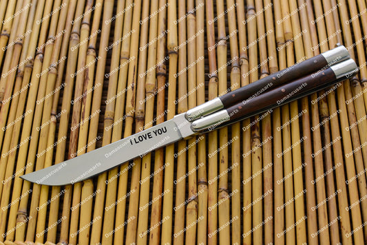 PERSONALIZED CUSTOM HANDMADE 440C ORIGINAL FILIPINO BALISONGS BUTTERFLY KNIFE STAINLESS WITH KAMAGONG WOOD INSERTS WITH LEATHER SHEATH