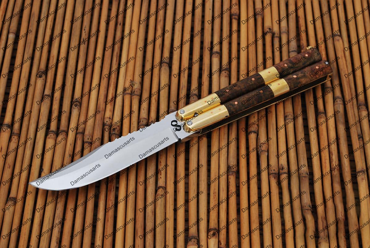 Personalized Custom Handmade D2 Tool Steel Original Filipino Balisong Butterfly Knife Brass with Narra Burl Wood with Leather Sheath