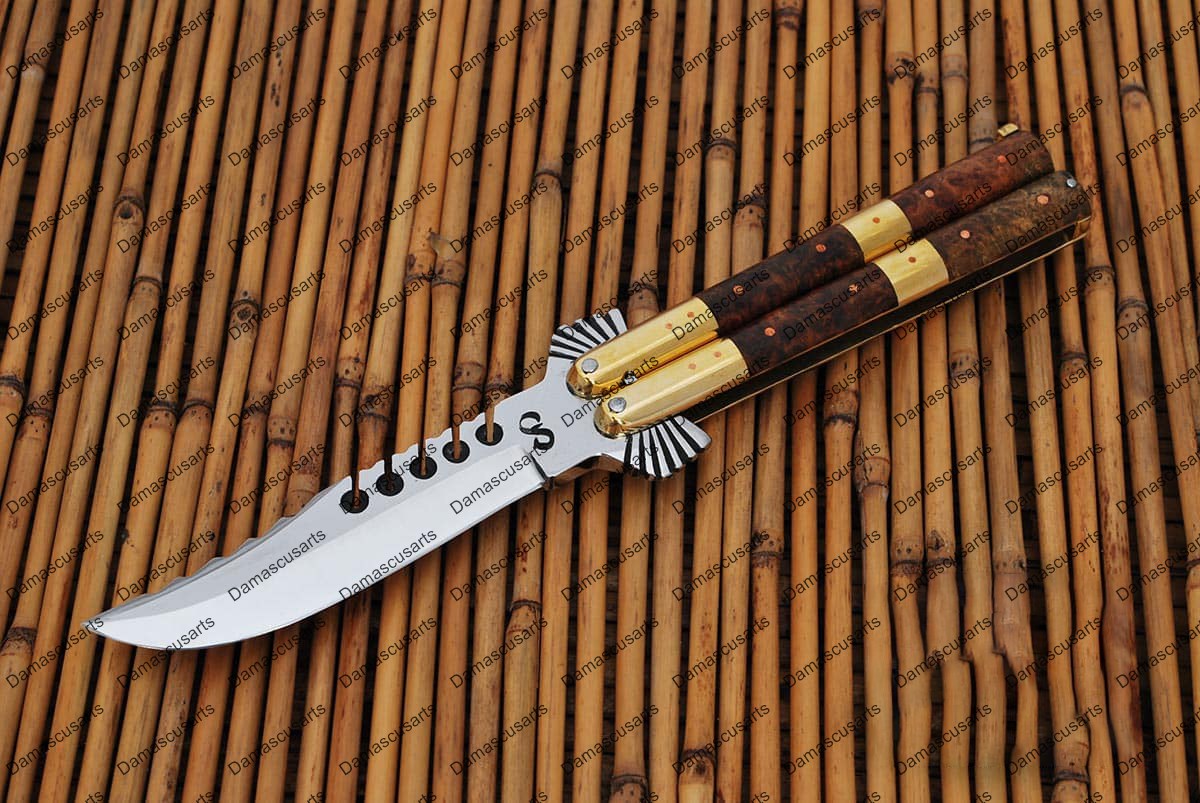 Personalized Custom Handmade D2 Tool Steel Original Filipino Balisong Butterfly Knife Brass with Narra Burl Wood with Leather Sheath