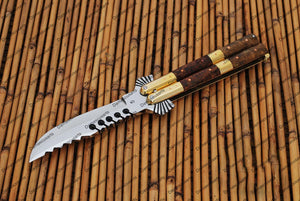 Personalized Custom Handmade D2 Tool Steel Original Filipino Balisong Butterfly Knife Brass with Narra Burl Wood with Leather Sheath