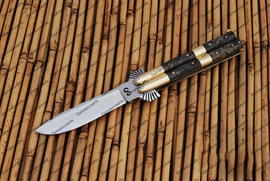 Personalized Custom Handmade D2 Tool Steel Original Filipino Balisong Butterfly Knife Brass with Narra Burl Wood with Leather Sheath