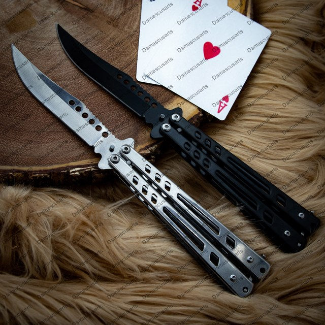 Personalized Custom Handmade Filipino Balisongs Butterfly Stainless Steel Flipper Knife World Class Knives with Leather Sheath