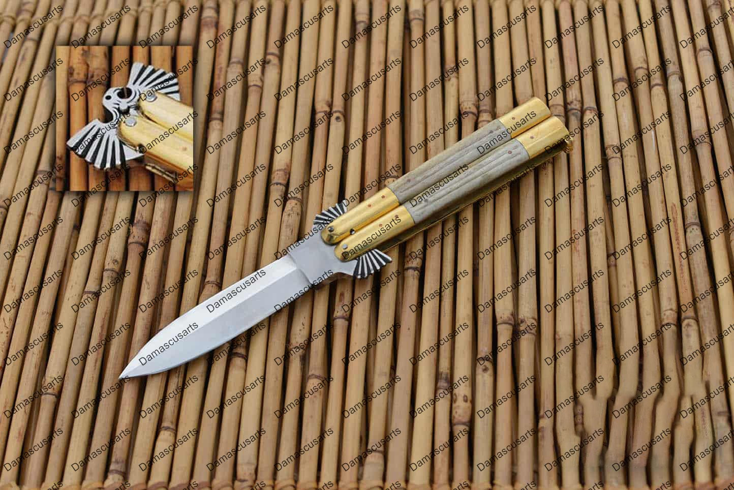 Personalized Custom Handmade D2 Tool Steel Original Filipino Balisong Butterfly Knife Brass with Jigged Bone Inserts with Leather Sheath