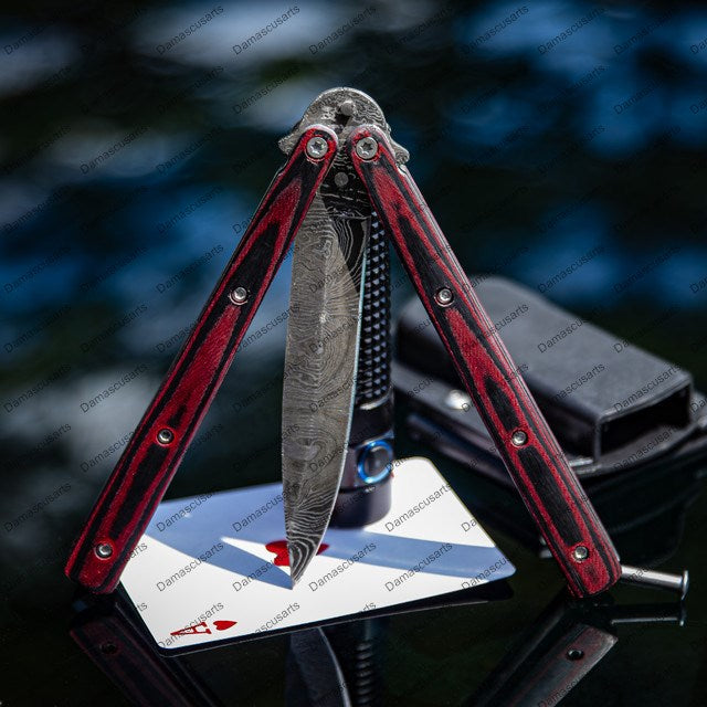 440 Stainless Steel Red & Black Filipino Balisongs Butterfly World Class Knives with Leather Sheath