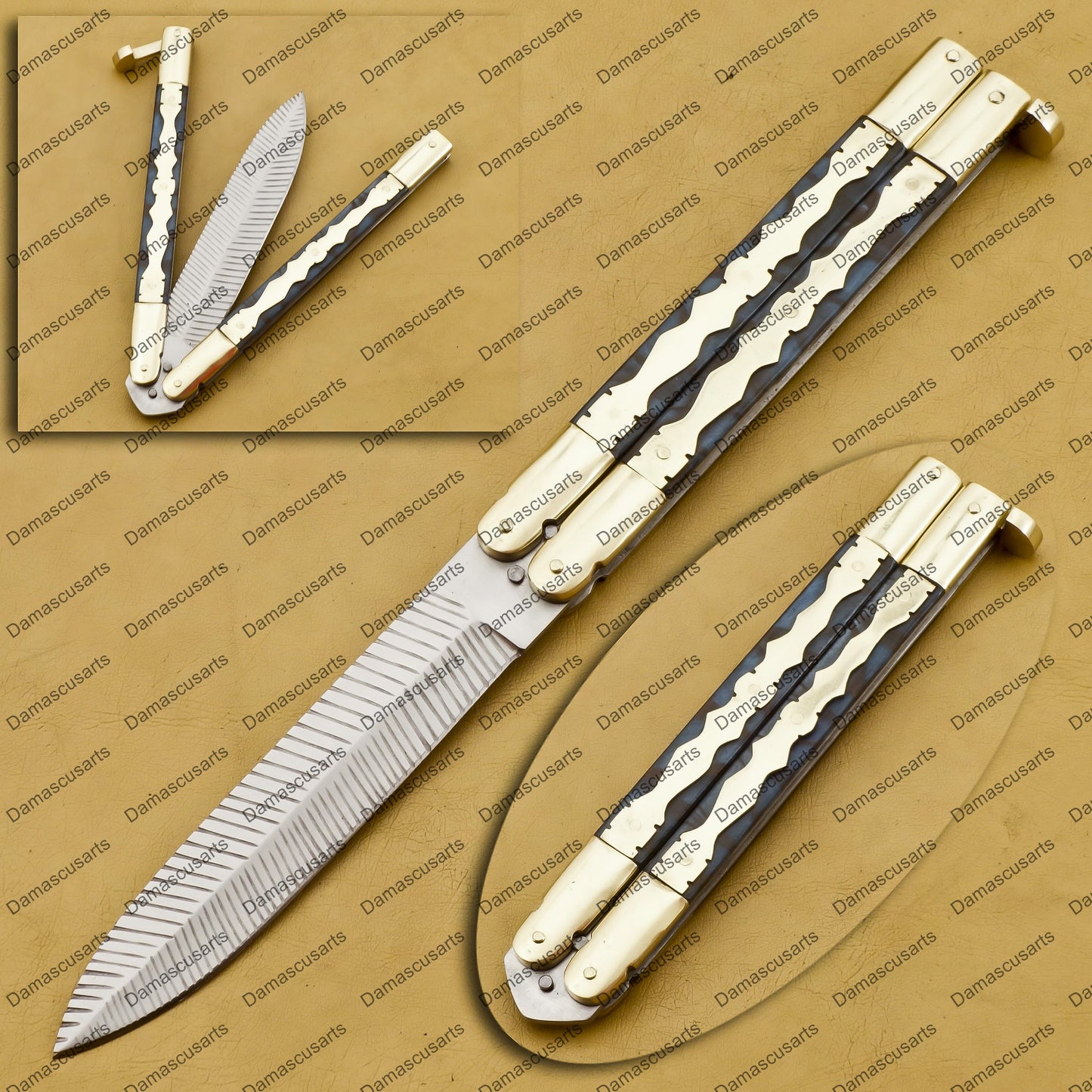 Personalized Custom Handmade Brown Argus D2 Tool Steel Filipino Balisongs Butterfly Knife World Class Knives with Leather Sheath