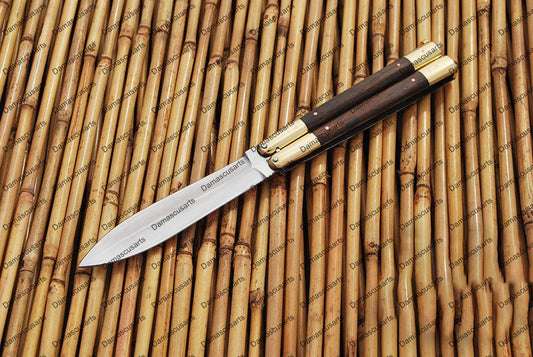 Personalized Custom Handmade D2 Tool Steel Original Filipino Balisong Butterfly Knife Brass with Narra Wood with Leather Sheath