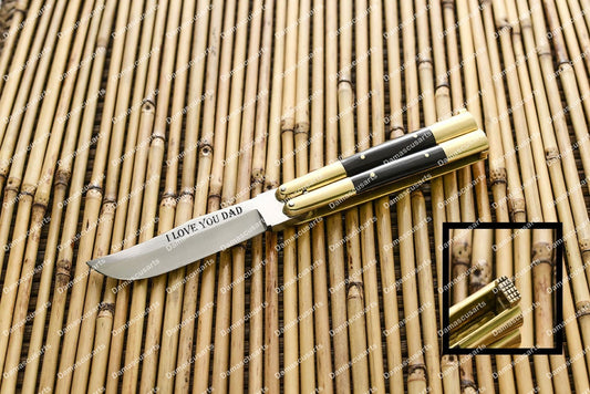 PERSONALIZED CUSTOM HANDMADE ORIGINAL FILIPINO BALISONG BUTTERFLY KNIFE BRASS WITH KAMAGONG WOOD INSERTS WITH LEATHER SHEATH