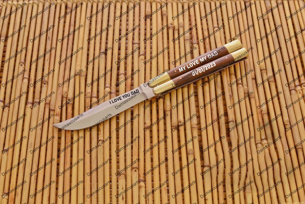 Personalized Custom Handmade D2 Tool Steel Original Filipino Balisong Butterfly Knife Brass with Narra Wood Inserts with Leather Sheath