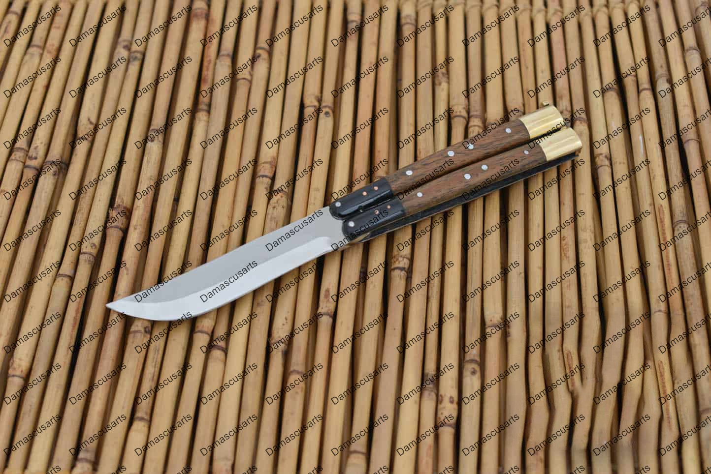 Personalized Custom Handmade D2 Tool Steel Original Filipino Balisong Butterfly Knife Brass with Narra Wood & Carabao Horn with Leather Sheath