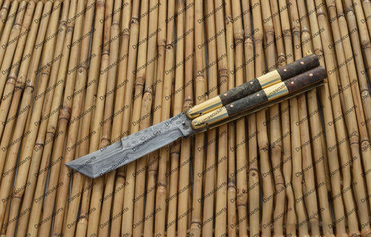 Personalized Custom Handmade D2 Tool Steel Original Filipino Balisong Butterfly Knife Brass with Narra Burl Wood with Leather Sheath