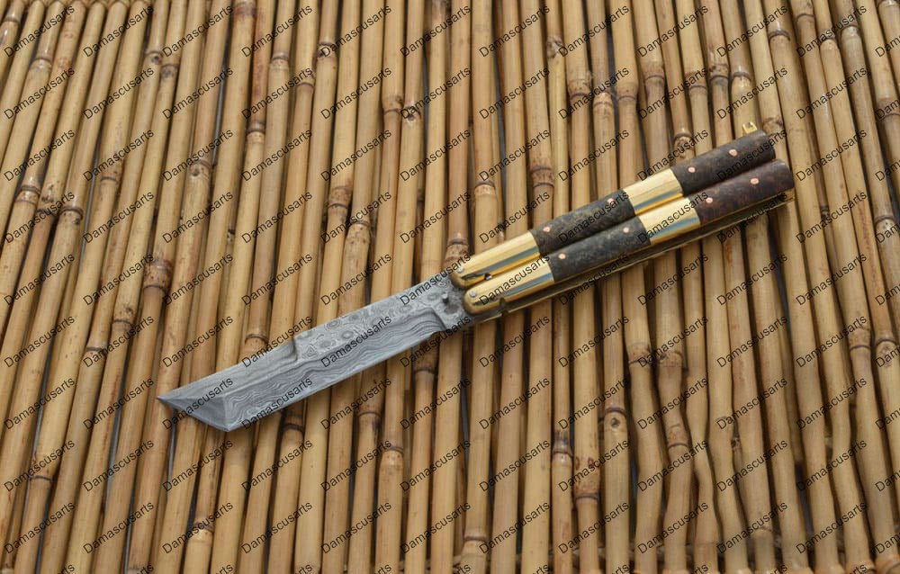 Personalized Custom Handmade D2 Tool Steel Original Filipino Balisong Butterfly Knife Brass with Narra Burl Wood with Leather Sheath