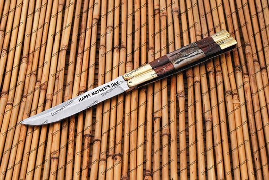 Personalized Custom Handmade D2 Tool Steel Original Filipino Balisong Butterfly Knife Brass with Narra Wood  & Bone Inserts with Leather Sheath