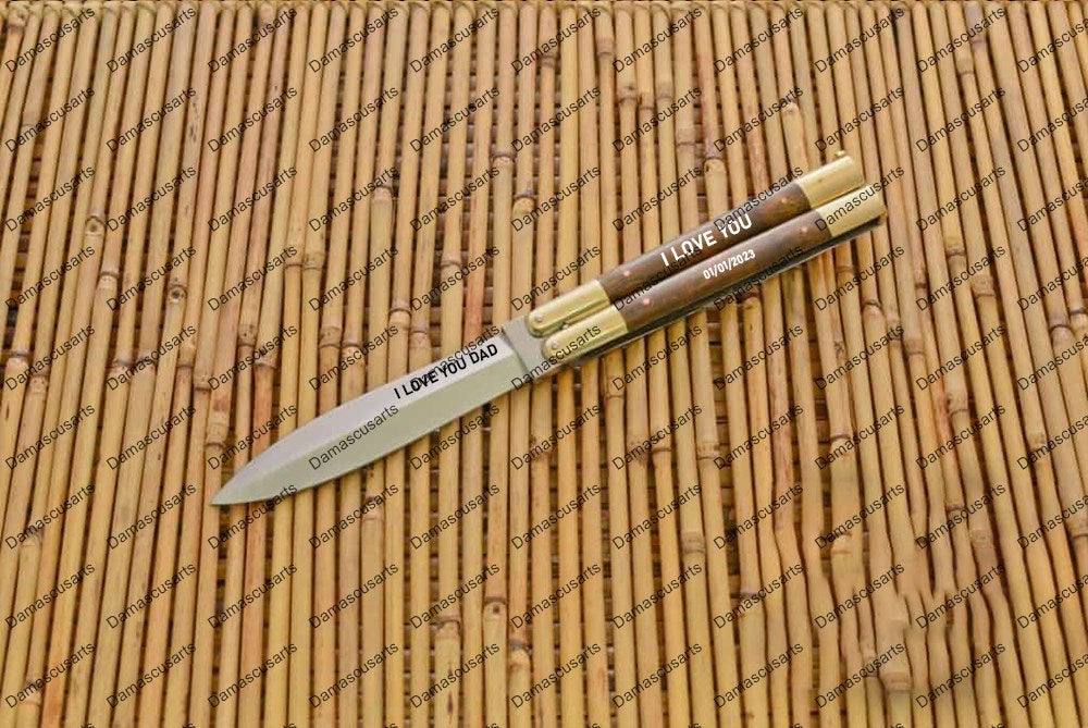 Personalized Custom Handmade D2 Tool Steel Original Filipino Balisong Butterfly Knife Brass with Narra Wood Inserts with Leather Sheath