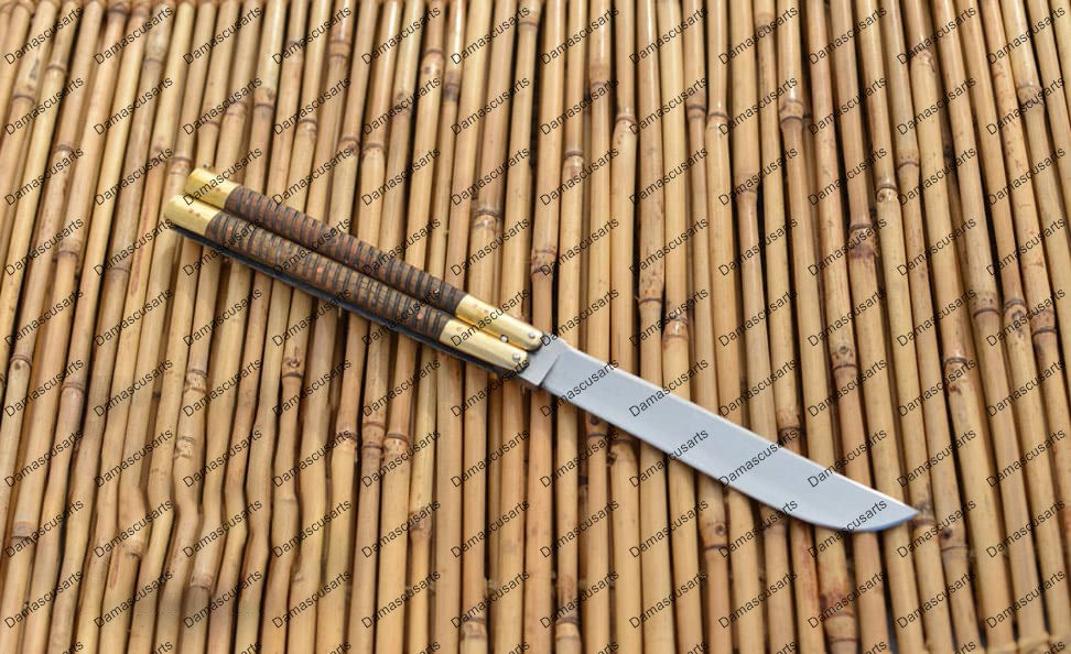 Personalized Custom Handmade D2 Tool Steel Original Filipino Balisong Butterfly Knife Brass with Narra Wood Inserts with Leather Sheath