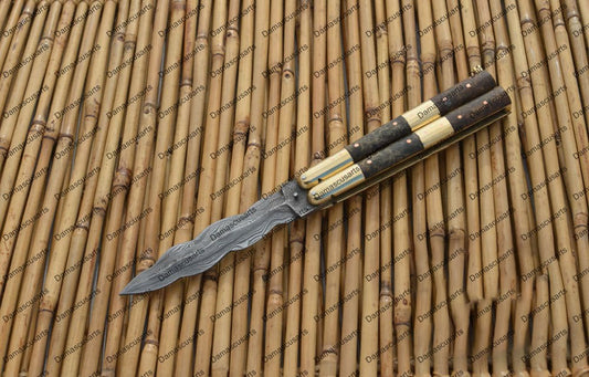 Personalized Custom Handmade D2 Tool Steel Original Filipino Balisong Butterfly Knife Brass with Narra Burl Wood with Leather Sheath