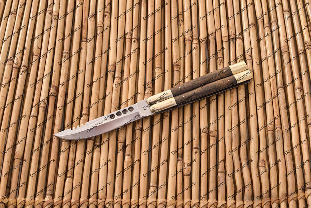 Personalized Custom Handmade D2 Tool Steel Original Filipino Balisong Butterfly Knife Brass with Narra Wood with Leather Sheath