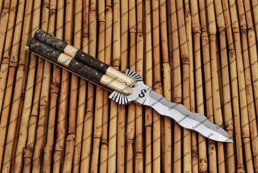 Personalized Custom Handmade D2 Tool Steel Original Filipino Balisong Butterfly Knife Brass with Narra Burl Wood with Leather Sheath