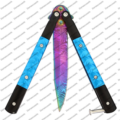 Titanium Damascus Custom Handmade Filipino Balisongs Butterfly Stainless Steel Flipper Knife World Class Knives Leather Sheath