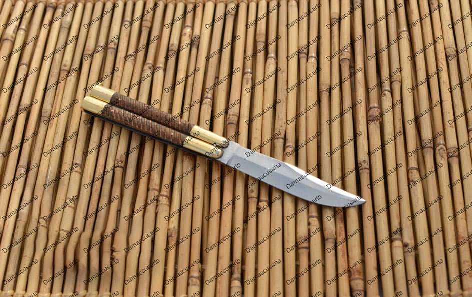 Personalized Custom Handmade D2 Tool Steel Original Filipino Balisong Butterfly Knife Brass with Narra Wood with Leather Sheath