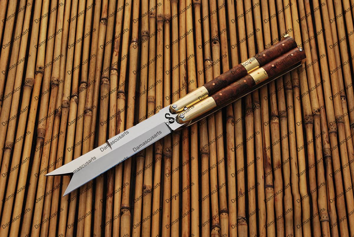 Personalized Custom Handmade D2 Tool Steel Original Filipino Balisong Butterfly Knife Brass with Narra Burl Wood with Leather Sheath