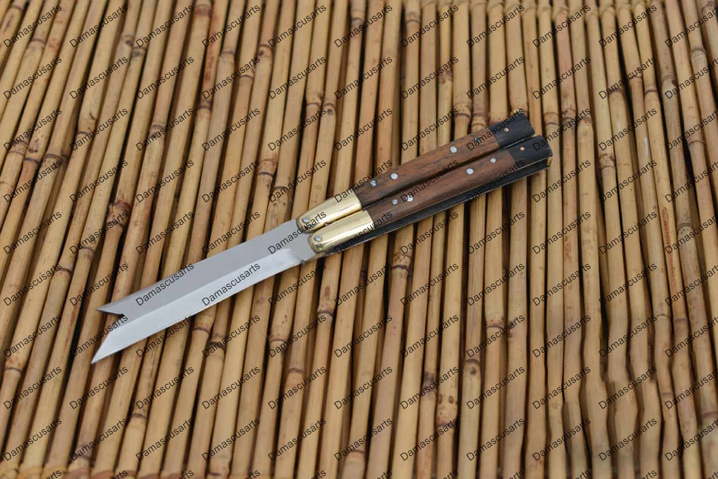 Personalized Custom Handmade D2 Tool Steel Original Filipino Balisong Butterfly Knife Brass with Narra Wood & Carabao Horn with Leather Sheath