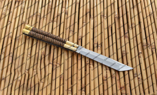 Personalized Custom Handmade D2 Tool Steel Original Filipino Balisong Butterfly Knife Brass with Narra Wood Inserts with Leather Sheath