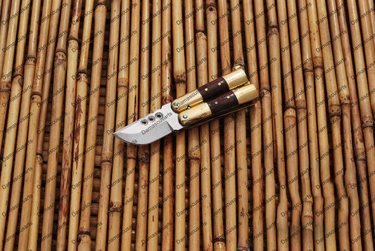 Personalized Custom Handmade D2 Tool Steel Original Filipino Balisong Butterfly Knife Brass with Narra Wood Inserts with Leather Sheath