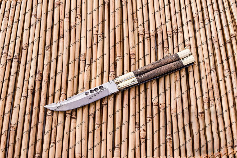 Personalized Custom Handmade D2 Tool Steel Original Filipino Balisong Butterfly Knife Brass with Narra Wood with Leather Sheath