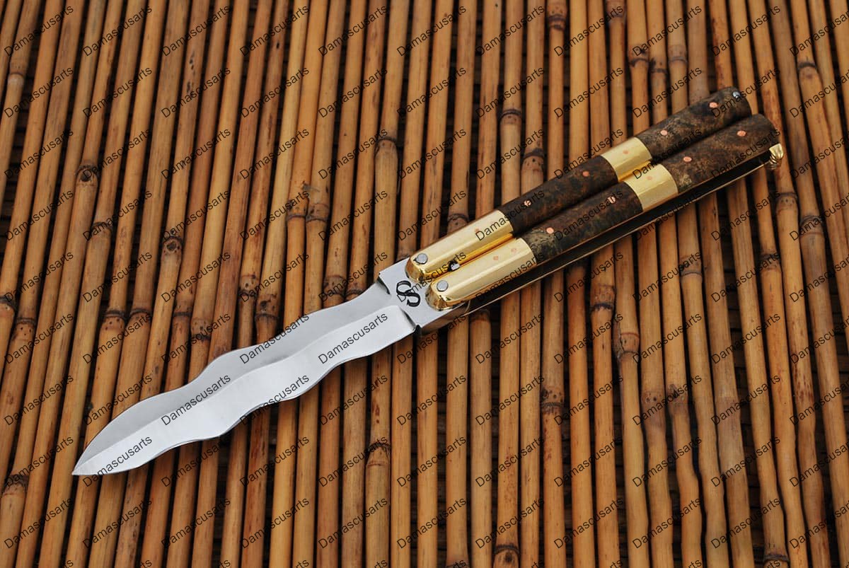 Personalized Custom Handmade D2 Tool Steel Original Filipino Balisong Butterfly Knife Brass with Narra Burl Wood with Leather Sheath