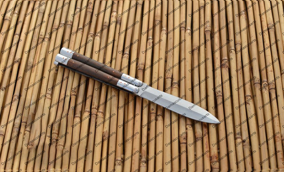 Personalized Custom Handmade D2 Tool Steel Original Filipino Balisong Butterfly Knife Aluminium with Narra Wood with Leather Sheath