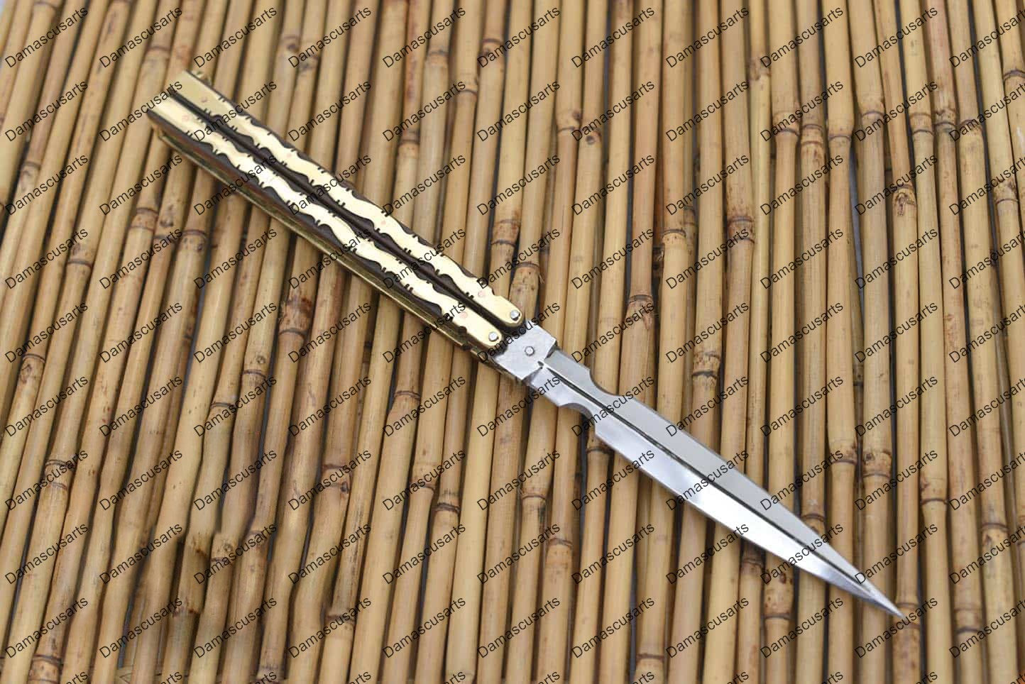 Personalized Custom Handmade D2 Tool Steel Original Filipino Balisong Butterfly Knife Brass with Narra Wood Inserts with Leather Sheath