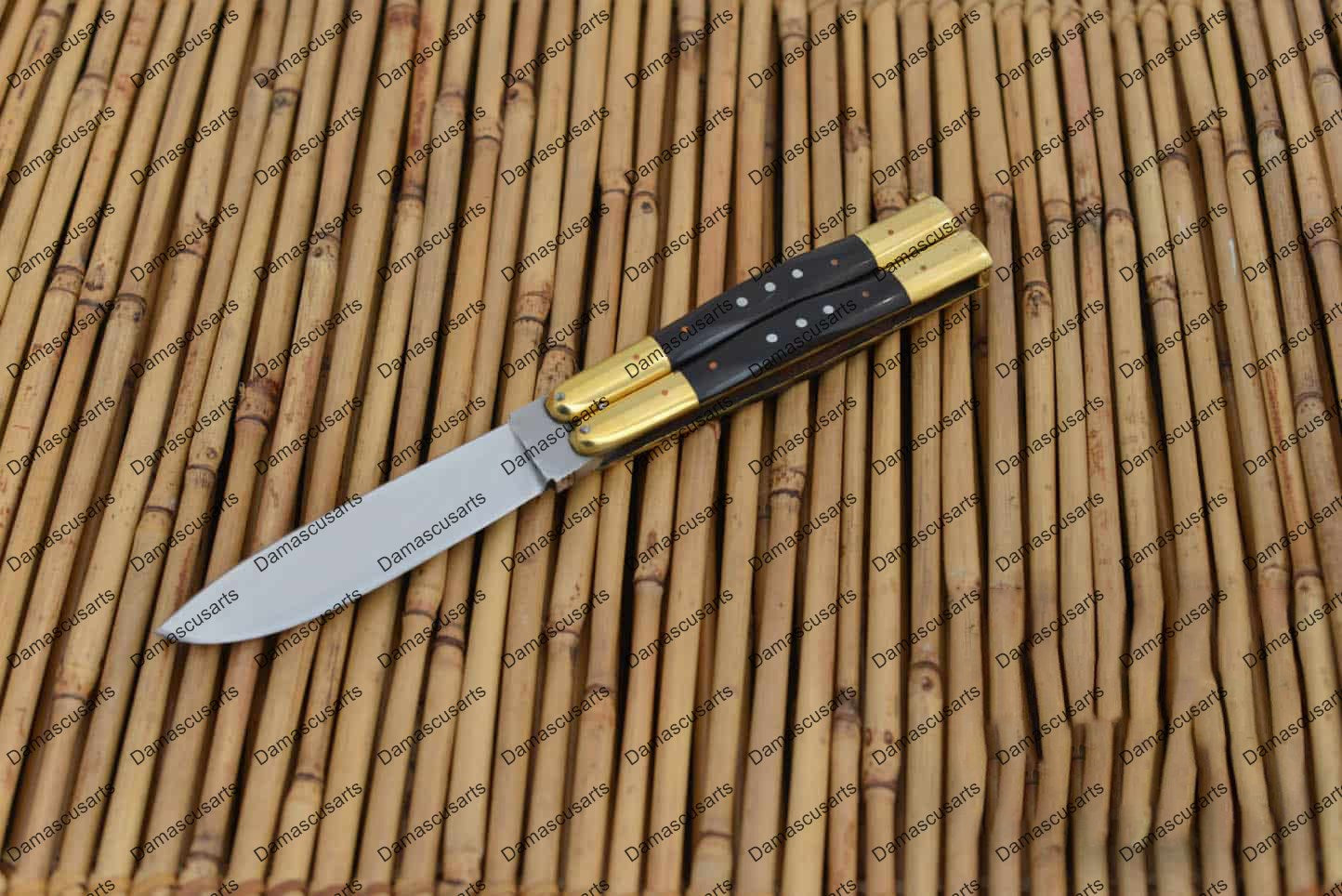 Personalized Custom Handmade D2 Tool Steel Original Filipino Balisong Butterfly Knife Brass with Kamagong Wood with Leather Sheath