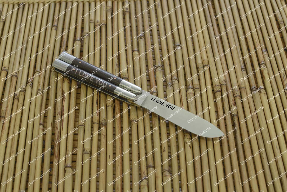 PERSONALIZED CUSTOM HANDMADE HIGH CARBON STEEL ORIGINAL FILIPINO BALISONG BUTTERFLY KNIFE BRASS WITH KAMAGONG WOOD INSERTS WORLD CLASS KNIVES WITH LEATHER SHEATH