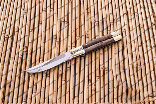 Personalized Custom Handmade D2 Tool Steel Original Filipino Balisong Butterfly Knife Brass with Narra Wood with Leather Sheath